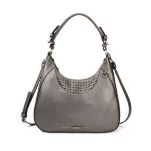 Chala Metallic Pewter Faux Leather Heart Cut-Out Hobo Shoulder Crossbody Bag